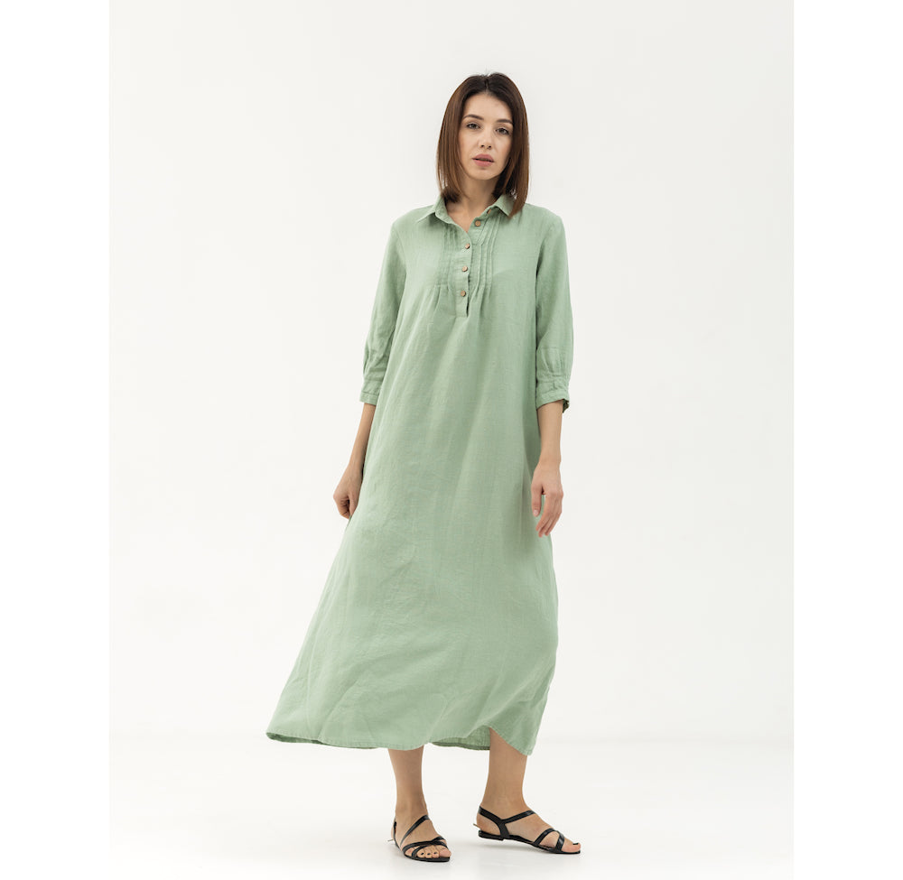 Linen Dress Laura - Sage Green - Stonewashed - Luxury Medium Thick Linen