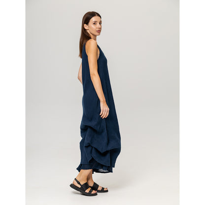 Linen Double Layer Dress - Navy Blue - Stonewashed - Luxury Thin Linen