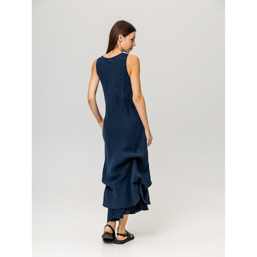 Linen Double Layer Dress - Navy Blue - Stonewashed - Luxury Thin Linen