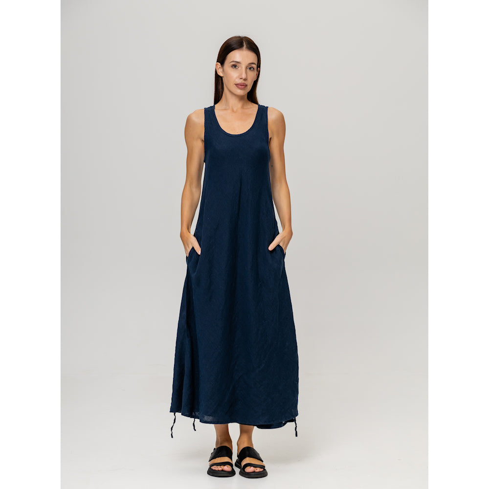 Linen Double Layer Dress - Navy Blue - Stonewashed - Luxury Thin Linen