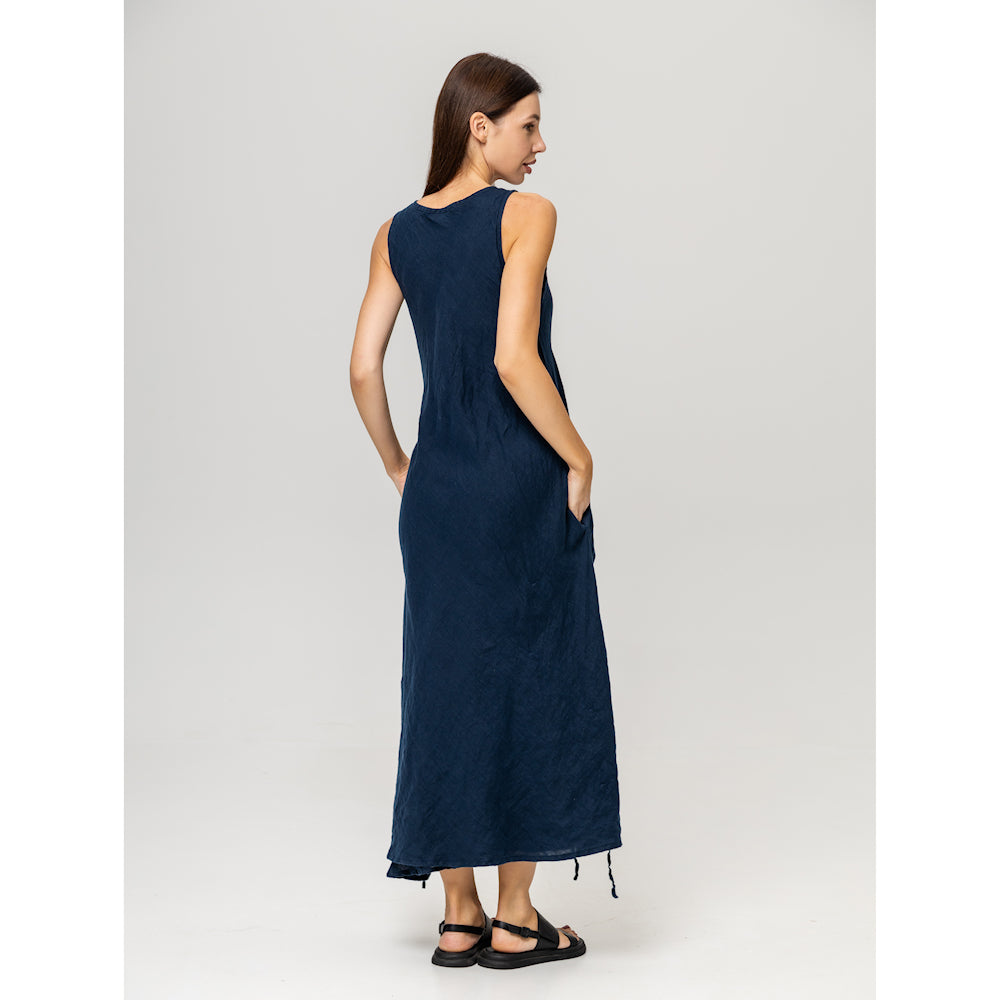 Linen Double Layer Dress - Navy Blue - Stonewashed - Luxury Thin Linen