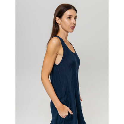 Linen Double Layer Dress - Navy Blue - Stonewashed - Luxury Thin Linen
