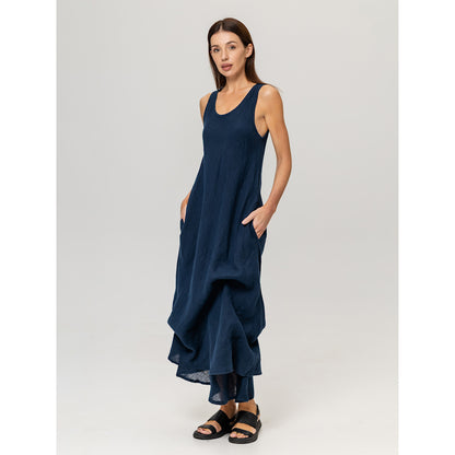 Linen Double Layer Dress - Navy Blue - Stonewashed - Luxury Thin Linen