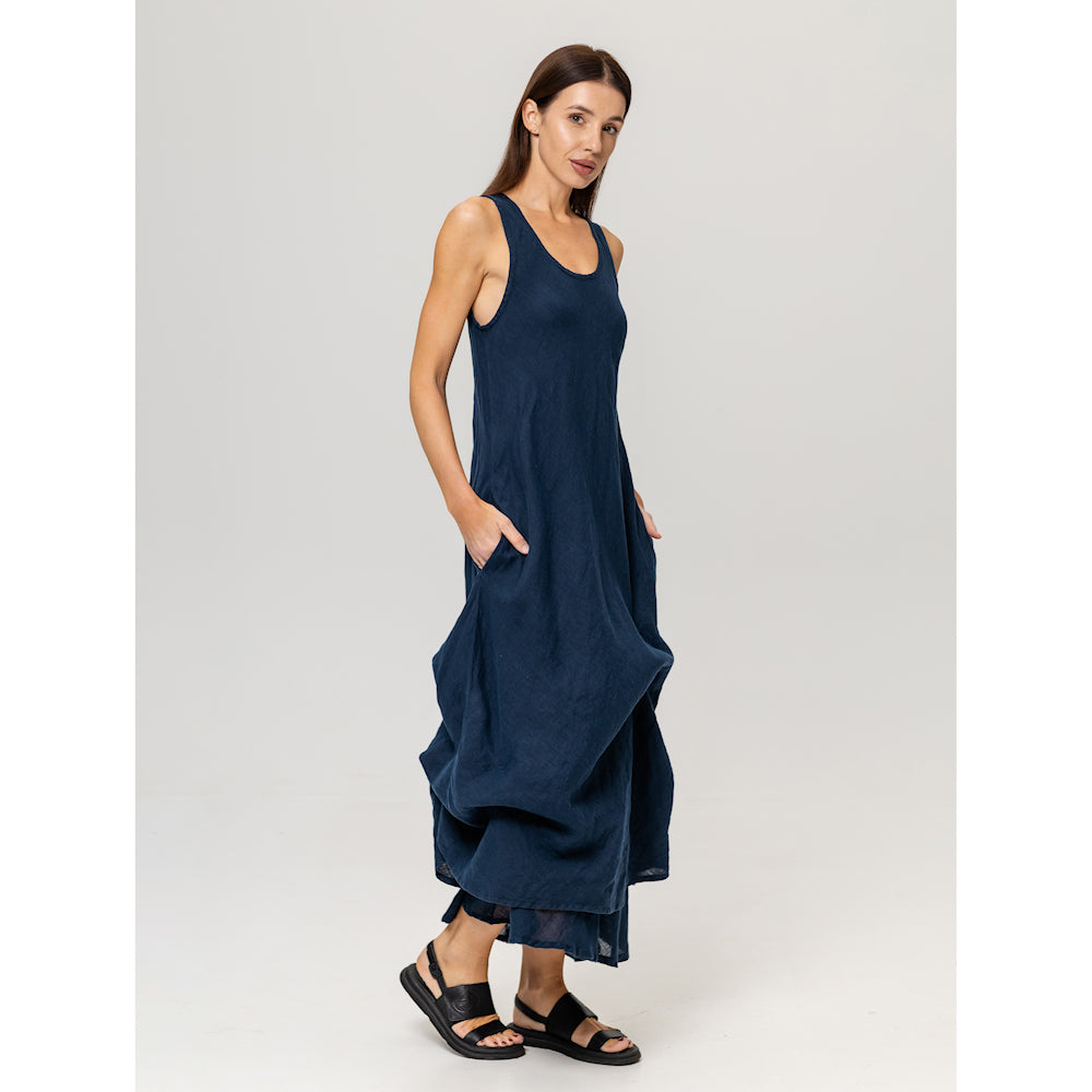 Linen Double Layer Dress - Navy Blue - Stonewashed - Luxury Thin Linen