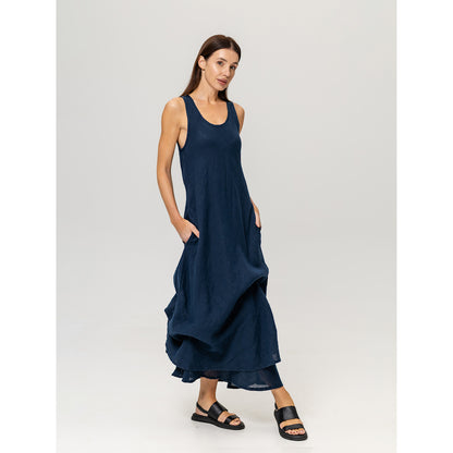 Linen Double Layer Dress - Navy Blue - Stonewashed - Luxury Thin Linen