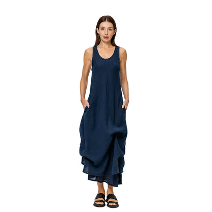 Linen Double Layer Dress - Navy Blue - Stonewashed - Luxury Thin Linen