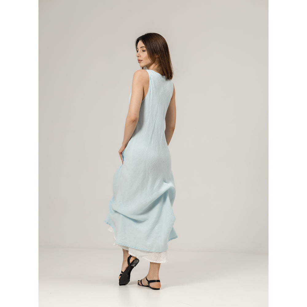 Linen Double Layer Dress - Sky Blue and White - Stonewashed - Luxury Thin Linen