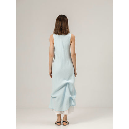 Linen Double Layer Dress - Sky Blue and White - Stonewashed - Luxury Thin Linen