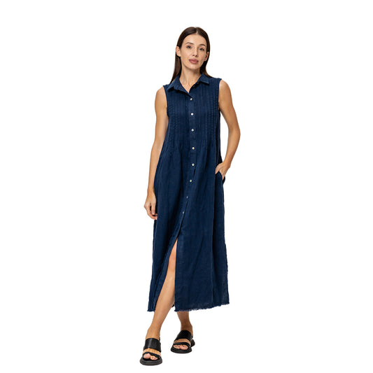 Linen Dress - Navy Blue with Tucks - Stonewashed - Luxury Medium Thick Linen