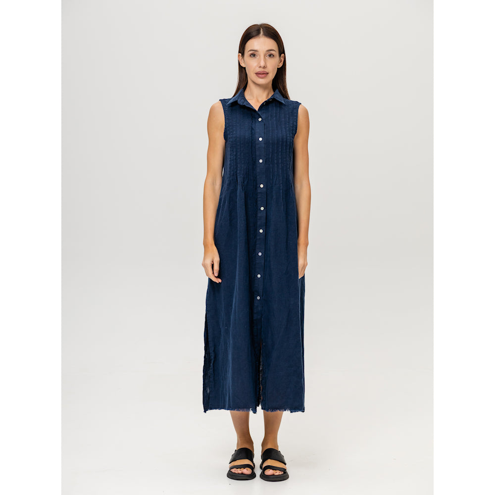 Linen Dress - Navy Blue with Tucks - Stonewashed - Luxury Medium Thick Linen