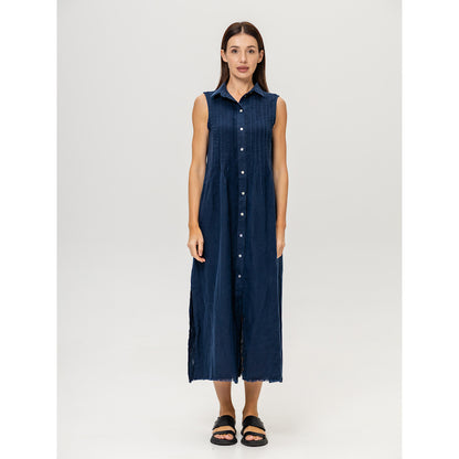 Linen Dress - Navy Blue with Tucks - Stonewashed - Luxury Medium Thick Linen