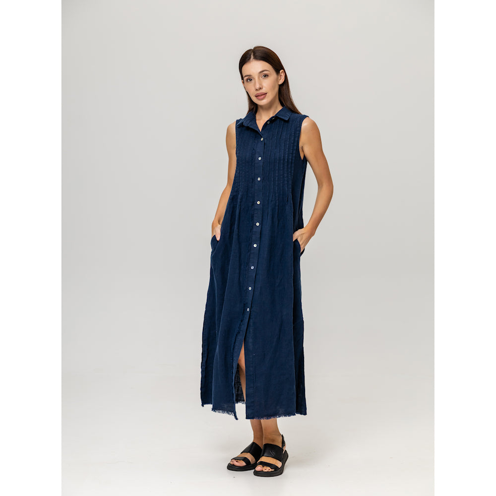 Linen Dress - Navy Blue with Tucks - Stonewashed - Luxury Medium Thick Linen