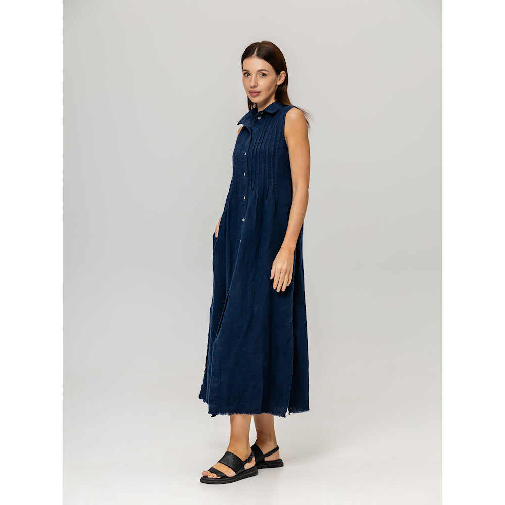Linen Dress - Navy Blue with Tucks - Stonewashed - Luxury Medium Thick Linen