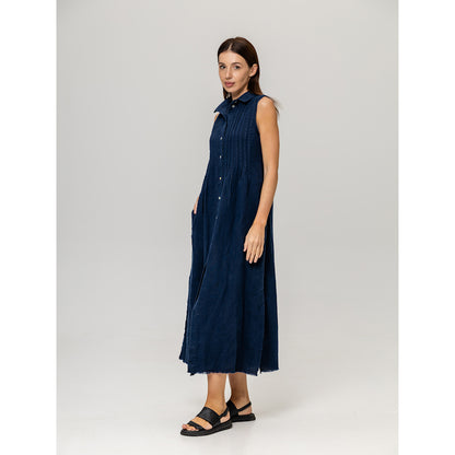 Linen Dress - Navy Blue with Tucks - Stonewashed - Luxury Medium Thick Linen
