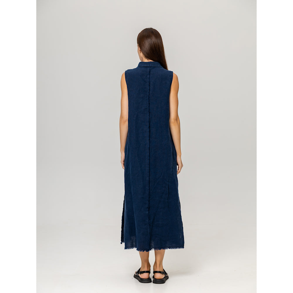 Linen Dress - Navy Blue with Tucks - Stonewashed - Luxury Medium Thick Linen