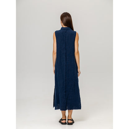 Linen Dress - Navy Blue with Tucks - Stonewashed - Luxury Medium Thick Linen