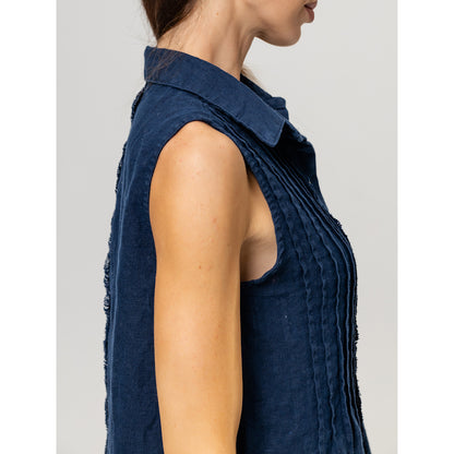 Linen Dress - Navy Blue with Tucks - Stonewashed - Luxury Medium Thick Linen