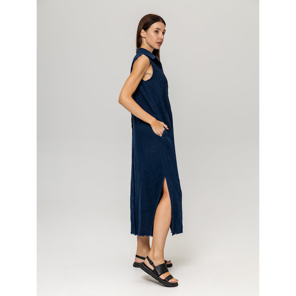 Linen Dress - Navy Blue with Tucks - Stonewashed - Luxury Medium Thick Linen