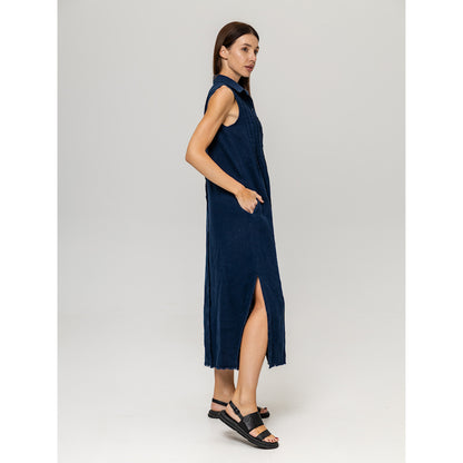 Linen Dress - Navy Blue with Tucks - Stonewashed - Luxury Medium Thick Linen
