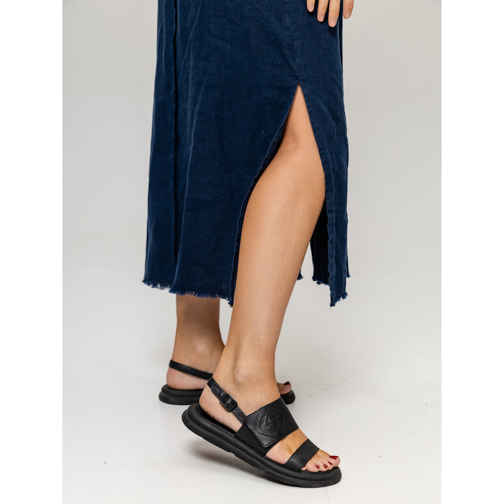 Linen Dress - Navy Blue with Tucks - Stonewashed - Luxury Medium Thick Linen