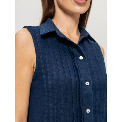 Linen Dress - Navy Blue with Tucks - Stonewashed - Luxury Medium Thick Linen