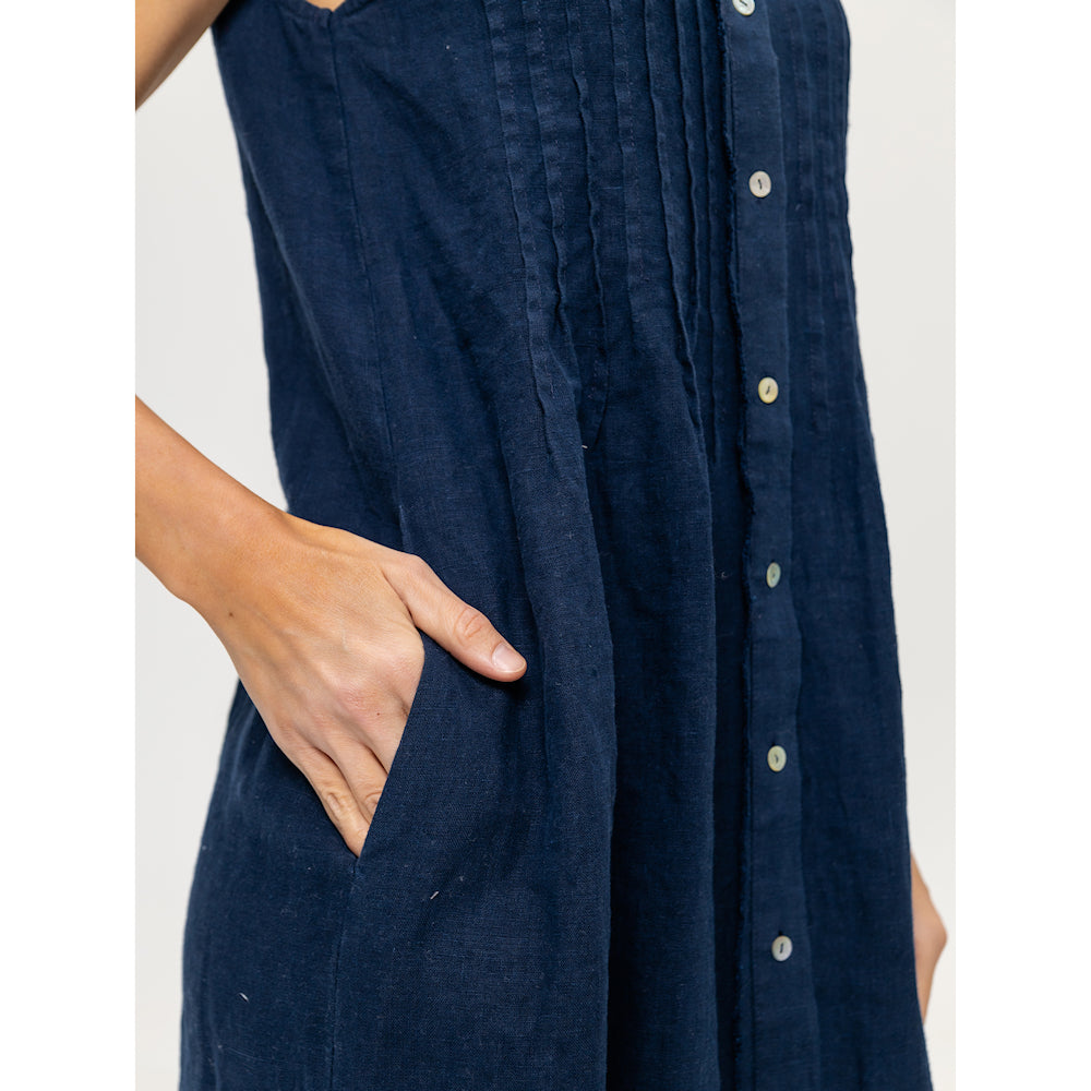 Linen Dress - Navy Blue with Tucks - Stonewashed - Luxury Medium Thick Linen