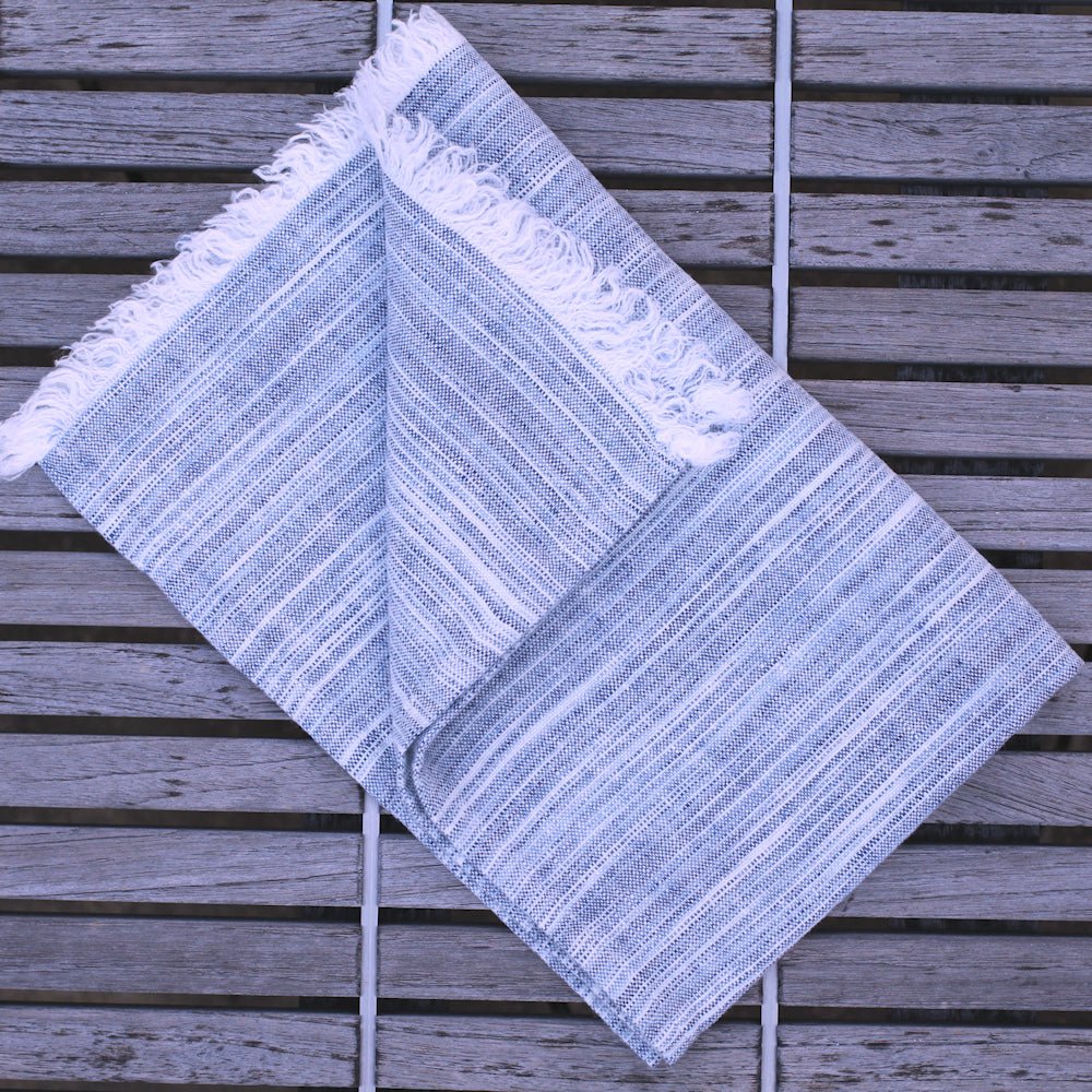 Linen Guest Towel - Stonewashed - Blue White Print Yarn with Frayed Edges - Luxury Thick Linen