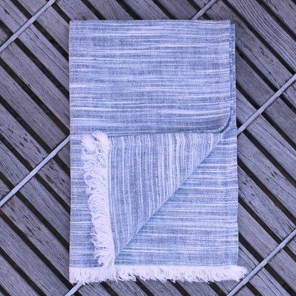 Linen Guest Towel - Stonewashed - Blue White Print Yarn with Frayed Edges - Luxury Thick Linen