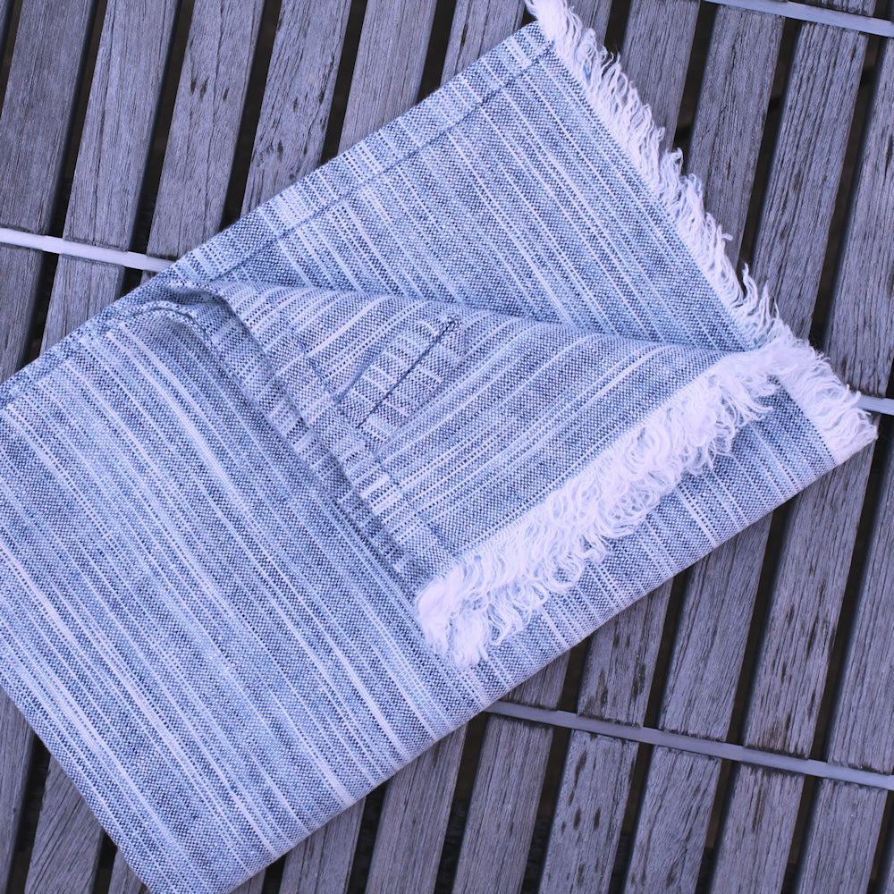 Linen Guest Towel - Stonewashed - Blue White Print Yarn with Frayed Edges - Luxury Thick Linen