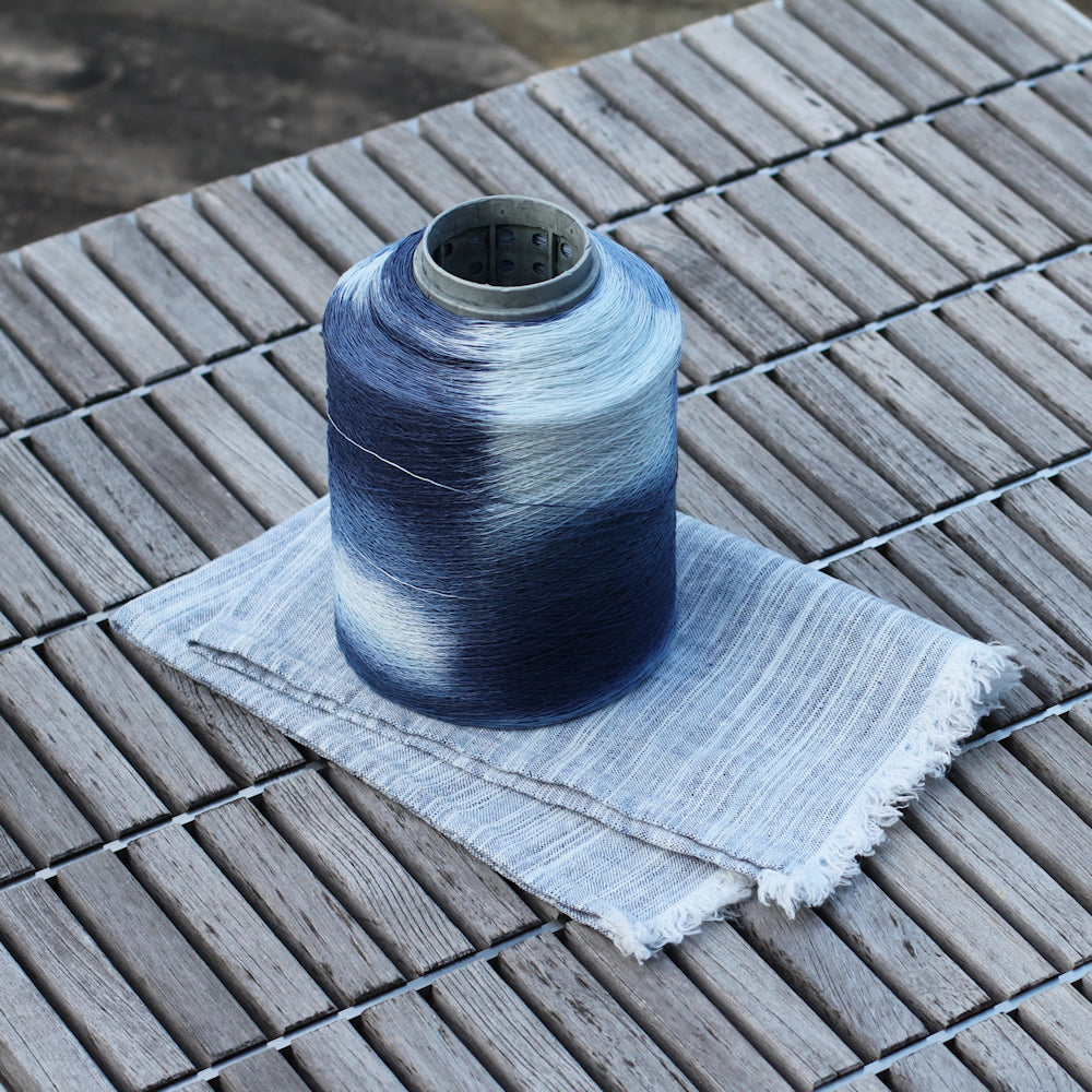 Linen Guest Towel - Stonewashed - Blue White Print Yarn with Frayed Edges - Luxury Thick Linen