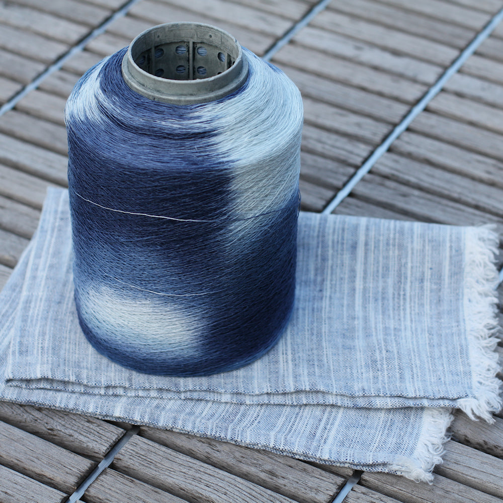 Linen Guest Towel - Stonewashed - Blue White Print Yarn with Frayed Edges - Luxury Thick Linen