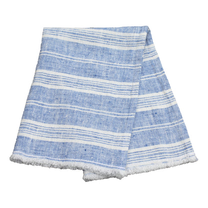 Linen Guest Towel - Stonewashed - Heather Light Blue with White Stripes and Frayed Edges - Luxury Thick Linen