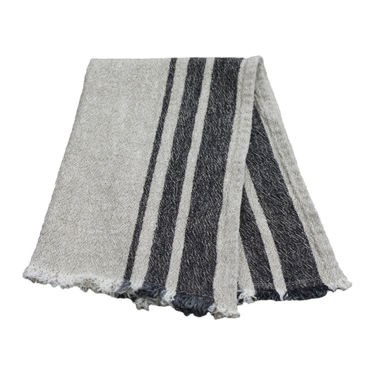 Linen Guest Towel - Stonewashed - Textured - Light Natural with Black Stripes and Frayed Edges - Luxury Thick Linen