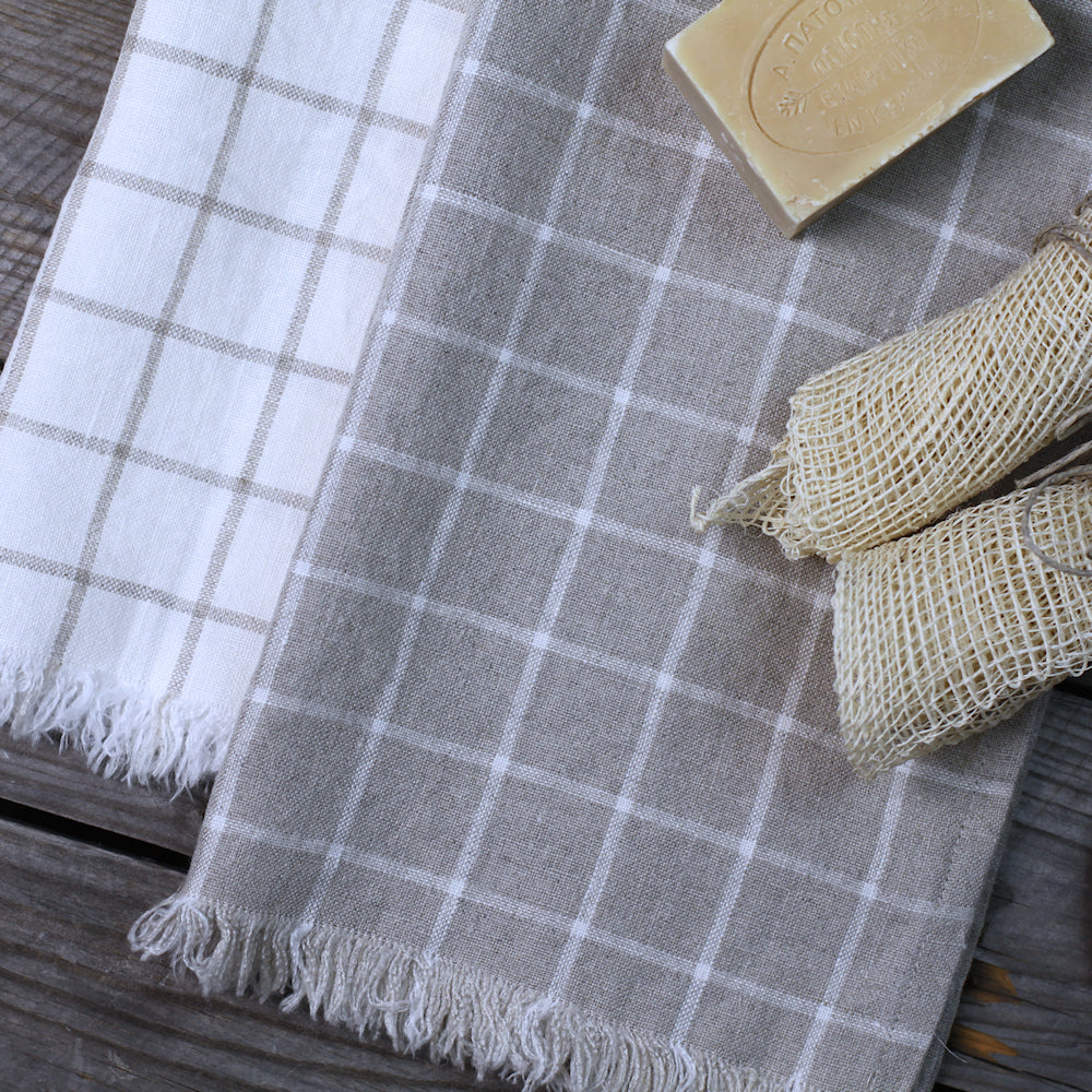 Linen Guest Towel - Stonewashed - Natural with White Squares and Frayed Edges - Luxury Thick Linen