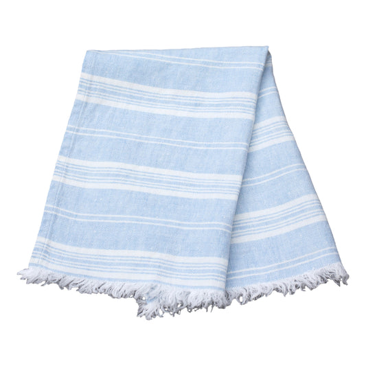 Linen Guest Towel - Stonewashed - Sky Blue with White Stripes and Frayed Edges - Luxury Thick Linen