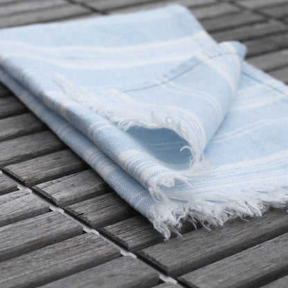 Linen Guest Towel - Stonewashed - Sky Blue with White Stripes and Frayed Edges - Luxury Thick Linen