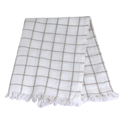 Linen Guest Towel - Stonewashed - Off White with Natural Squares and Frayed Edges - Luxury Thick Linen