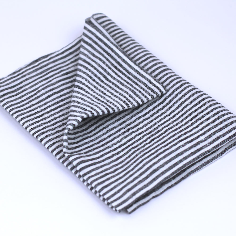 Linen Hand Towel - Stonewashed - Black White Thin Stripes - Thin Linen