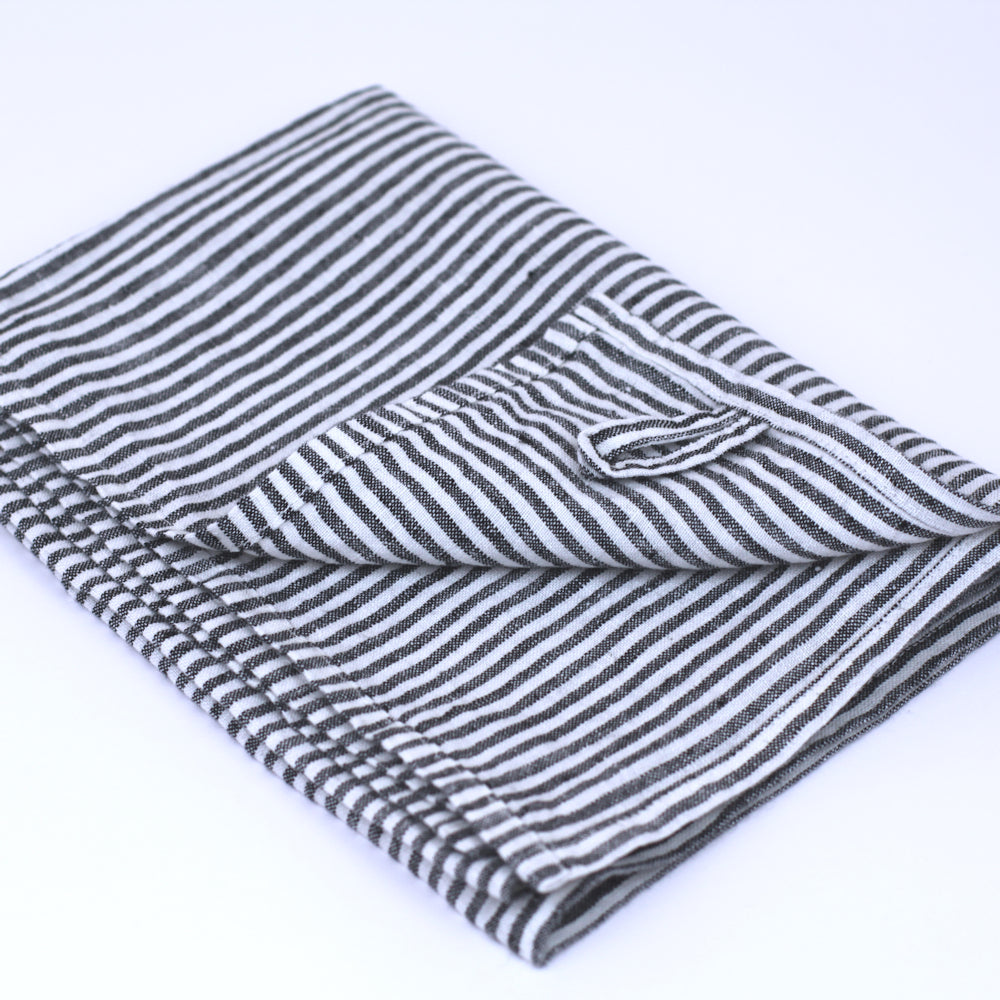 Linen Hand Towel - Stonewashed - Black White Thin Stripes - Thin Linen