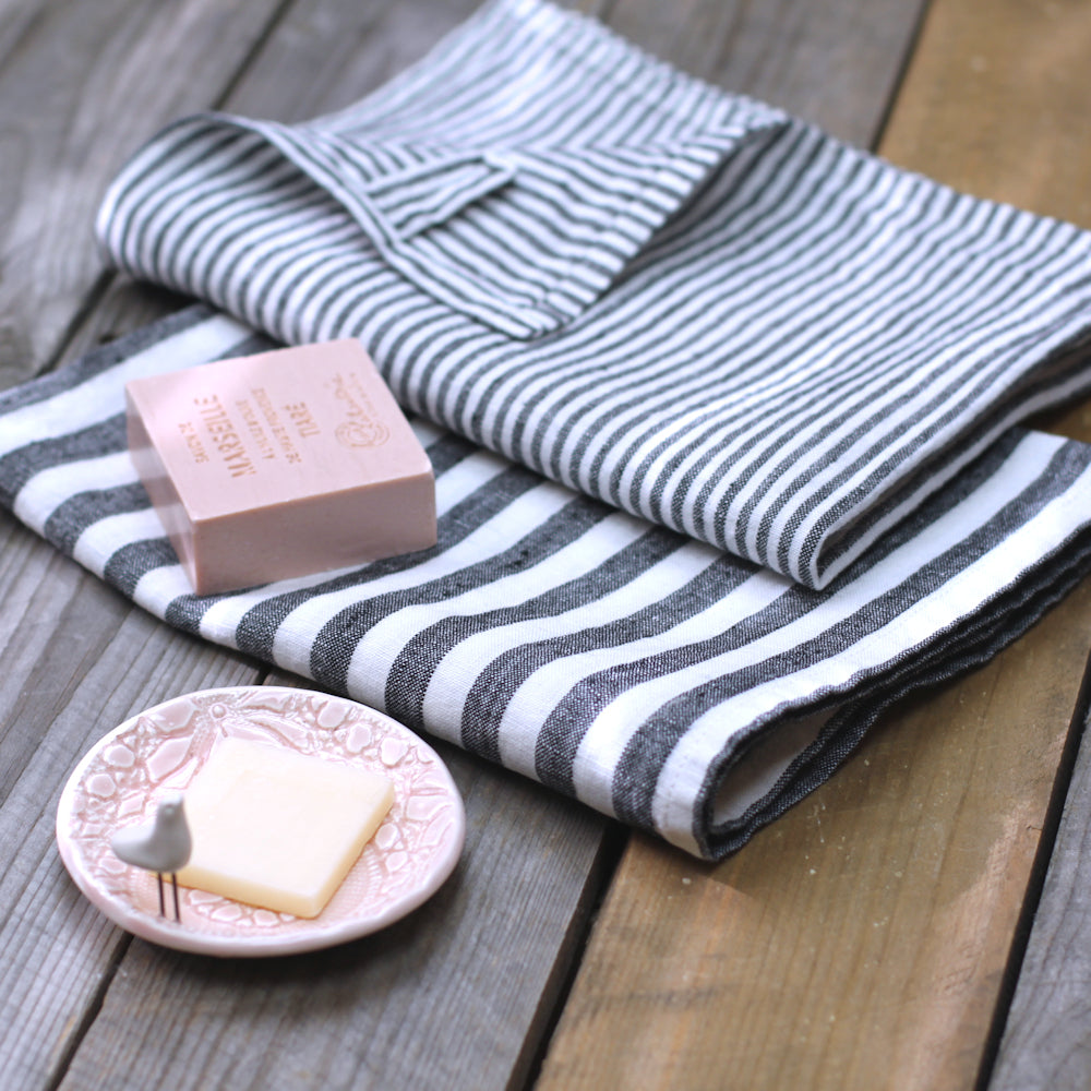 Linen Hand Towel - Stonewashed - Black White Medium Stripes - Thin Linen