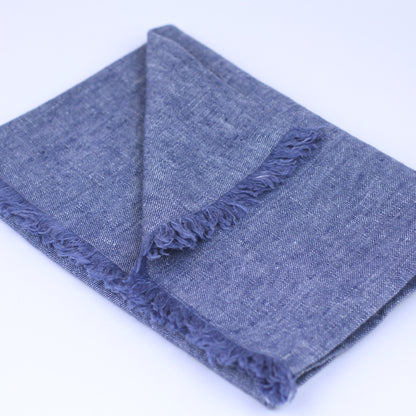 Linen Hand Towel - Stonewashed - Blue with Frayed Edges - Luxury Thick Linen