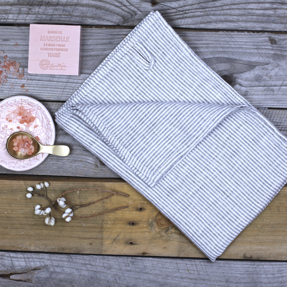 Linen Hand Towel - Stonewashed - Grey White Pinstripes - Thin Linen