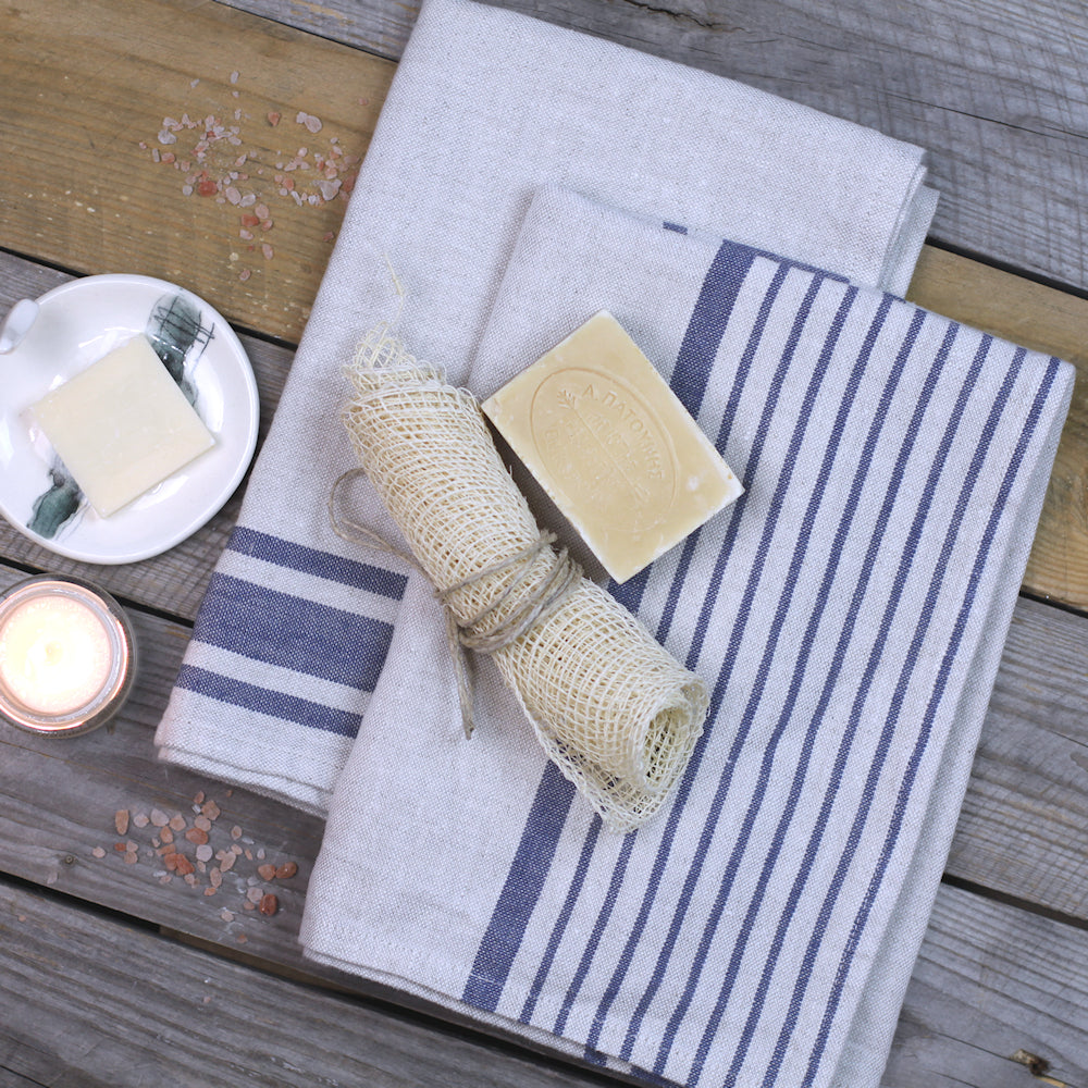 Linen Hand Towel - Stonewashed - Grey with Blue Stripes - Luxury Thick Linen