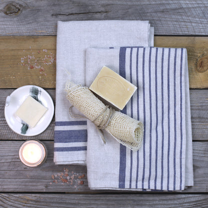 Linen Hand Towel - Stonewashed - Grey with Blue Stripes - Luxury Thick Linen