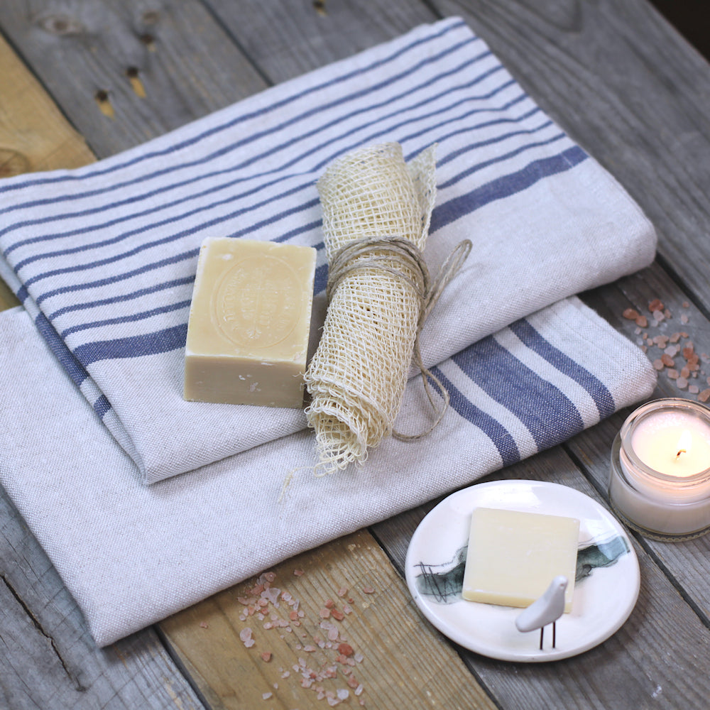 Linen Hand Towel - Stonewashed - Grey with Blue Stripes - Luxury Thick Linen