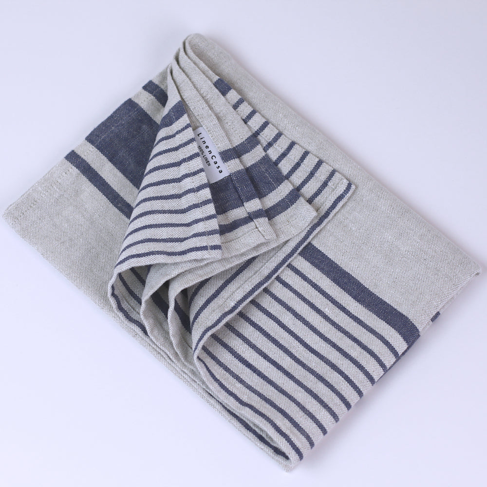 Linen Hand Towel - Stonewashed - Grey with Blue Stripes 2 - Luxury Thick Linen