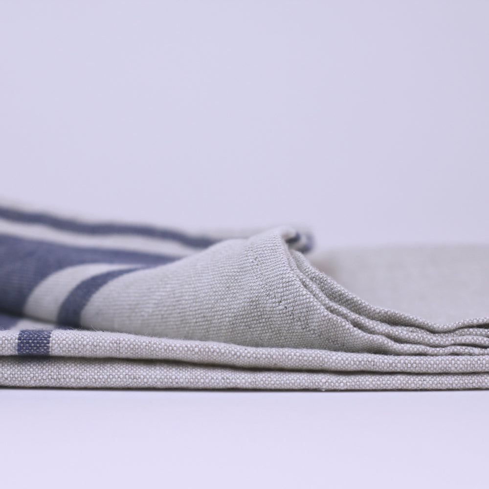 Linen Hand Towel - Stonewashed - Grey with Blue Stripes - Luxury Thick Linen