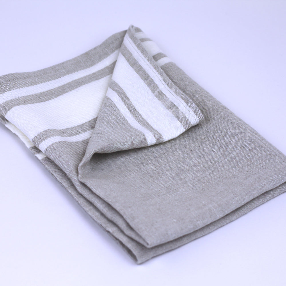 Linen Hand Towel - Stonewashed - Light Natural with White Stripes - Luxury Thick Linen