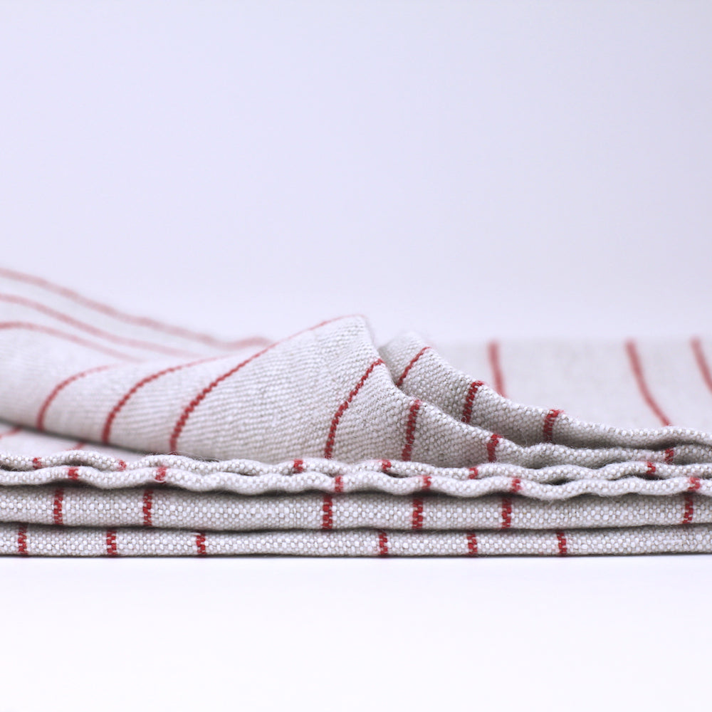 Linen Hand Towel - Stonewashed - Light Natural with Red Pinstripes - Luxury Thick Linen