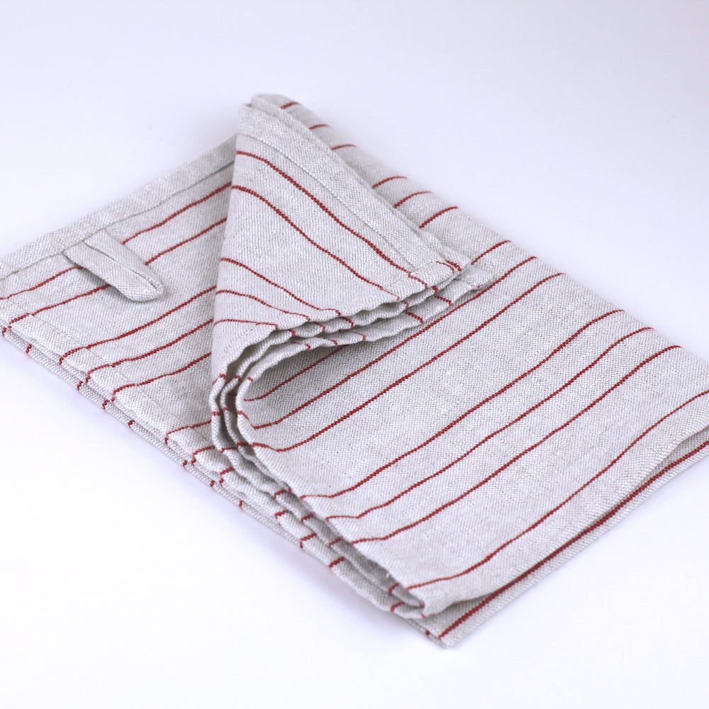 Linen Hand Towel - Stonewashed - Light Natural with Red Pinstripes - Luxury Thick Linen